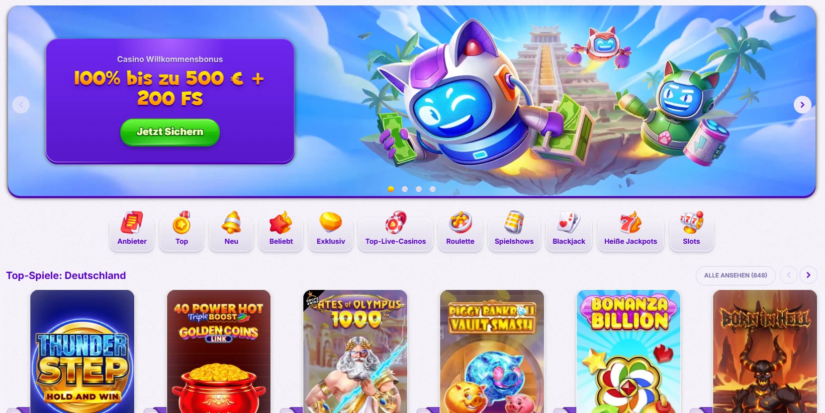 RoboCat Casino
Wer ein neues Online-Casino sucht, das von Anfang an ehrlich mit seinen Spielern umgeht, landet mit dem RoboCat online casino genau richtig. Unsere Plattform wurde 2024 gegründet, hält über 9.000 Titel bereit und verbindet ein faires Bonusprogramm mit transparenten Zahlungswegen. Auf dieser Seite findest du einen kompakten Überblick über alles, was uns ausmacht — von der Spielauswahl über Boni bis hin zur Registrierung und dem mobilen Erlebnis.
RoboCat Casino im Überblick
Viele Spieler kennen das Gefühl: Man landet auf einer neuen Plattform, kann aber grundlegende Fakten wie Lizenz, Gründungsjahr oder Spielerzahl nirgendwo auf Anhieb finden. Wir lösen dieses Problem von der ersten Sekunde an. Als RoboCat Casino Deutschland richten wir uns an Spielerinnen und Spieler, die klare Antworten erwarten, bevor sie ihre erste Einzahlung tätigen.
Angabe
Detail
Lizenz
PAGCOR
Gründungsjahr
2024
Software-Anbieter
99
Spiele gesamt
9.000+
Hinter unserem Betrieb steht Liernin Enterprises LTD, die Plattform ist nach der Philippine Amusement and Gaming Corporation (PAGCOR) lizenziert und hält die Anforderungen der 5. EU-Geldwäscherichtlinie ein. Das KYC-Verfahren ist nicht sofort verpflichtend, aber eine frühzeitige Verifizierung schützt vor späteren Auszahlungsverzögerungen — ein Hinweis, den wir unseren Nutzern gerne früh mitgeben. Für eine reibungslose sichere RoboCat-Profilanlage empfehlen wir, die Dokumente schon beim ersten Login hochzuladen.
RoboCat Spielauswahl und Anbieter
Unser Spielkatalog umfasst klassische Slots, über 130 Megaways-Titel, progressive Jackpots mit Live-Werten bis zu €513.461 sowie 77 verschiedene Live-Roulette-Tische mit Einsätzen von €0,10 bis €40.000 — eine Bandbreite, die kaum eine andere Plattform in dieser Dichte bietet. Hinter diesen Titeln stehen 99 Software-Anbieter, darunter Pragmatic Play, Big Time Gaming, Novomatic, BGaming und Spadegaming, die zusammen sicherstellen, dass die Qualität gleichmäßig hoch bleibt. Beliebte Slots wie Gates of Olympus, Big Bass Bonanza und Sweet Bonanza sind genauso vertreten wie exklusive Megaways-Varianten — Cash Collect Megaways, Cleopatra Megaways oder The Dog House Megaways, um nur einige zu nennen.
Im Live-Bereich setzt unsere Plattform besondere Akzente: Dynamic Roulette 120x, Gravity Blackjack und Gold Saloon Roulette VIP sprechen High Roller an, während Deutsches Blackjack und Speed Roulette auch Gelegenheitsspieler ansprechen. Zusätzlich halten wir Instant-Games wie Aviatron, Plinko und Mine Slot bereit, wenn jemand ein schnelleres Spielformat bevorzugt. Wer sich erst einen Eindruck verschaffen möchte, kann den Demo-Modus im ausgeloggten Zustand nutzen — dort laufen die Spiele in unter 0,4 Sekunden, was eine für unsere RoboCat Casino bewertung wichtige technische Stärke darstellt. Für alle Details zur Spielauswahl führt der exklusive RoboCat-Bonusführer weiter zu den aktuellen Aktionen, die viele dieser Titel einbeziehen.
RoboCat Boni und Aktionen im Kurzüberblick
Kaum etwas frustriert Spieler mehr als ein Willkommensbonus, der im Kleingedruckten verschwindet. Wir legen unsere Konditionen offen: Der Casino-Willkommensbonus beträgt 100 % bis zu €500 + 200 Freispiele auf die erste Einzahlung, wobei die Freispiele in täglichen Paketen à 20 Spins über 10 Tage ausgezahlt werden. Die Umsatzbedingungen liegen bei 35x auf den Bonusbetrag und 40x auf Freispielgewinne, der maximale Einsatz mit aktivem Bonus beträgt €5.
Hier ein Überblick über unsere wichtigsten laufenden Angebote:
100 % bis zu €500 + 200 Freispiele – Casino-Willkommensbonus auf die erste Einzahlung
Wochenend-Reload bis zu €700 + 50 Freispiele – für bestehende Kunden am Wochenende
50 Freispiele wöchentlich – wöchentlicher Reload-Bonus ohne große Hürden
15 % Cashback bis zu €3.000, jeden Montag auf das Konto gutgeschrieben
Krypto-Nutzer profitieren von einem separaten Willkommensbonus von 200 % bis zu 3.000 USDT. Darüber hinaus veranstalten wir wöchentlich sieben oder mehr Turniere mit Gesamtpools bis zu €6 Mio., darunter Drops & Wins mit einem Pool von €2.000.000. Alle vollständigen Bedingungen, Aktionscode-Details und aktuellen Sonderverlosungen — inklusive der laufenden Verlosung mit €350.000 Gewinnpotenzial — sind auf den RoboCat-App-Informationen und im Bonusbereich unserer Plattform jederzeit einsehbar.
Promo Codes bei RoboCat
Wer sich fragt, ob der casino RoboCat einen öffentlich beworbenen Dauercode anbietet, dem antworten wir ehrlich: Einen fixen, permanent gültigen Aktionscode gibt es bei uns nicht. Das Aktionscode-Feld erscheint jedoch direkt im ersten Schritt der Registrierung, sodass Codes, die über Partner oder Aktionszeiträume kommuniziert werden, problemlos eingelöst werden können. Aktuelle Codes findest du stets im Promotionsbereich deines Kontos oder über den täglichen Bonuskalender — bei jedem Login erscheint ein Pop-up, das verfügbare Angebote direkt anzeigt.
Wir halten manche Boni komplett kostenlos zugänglich, andere sind an eine Ersteinzahlung geknüpft. Das Wheel of Fortune und die neue Spin-Rally-Funktion sind Beispiele für Features, die das tägliche Spielerlebnis auch ohne großen Einsatz bereichern. Wer die RoboCat-Fragen und Antworten durchsucht, findet dort auch Hinweise auf aktiv laufende Promoaktionen, die sich kurzfristig ändern können.
RoboCat Registrierung in 3 Schritten
Viele neue Spieler scheuen den Registrierungsprozess, weil sie lange Formulare erwarten. Bei uns dauert die gesamte Anmeldung unter zwei Minuten — schneller als bei den meisten vergleichbaren Plattformen. Der Ablauf ist klar strukturiert:
Bonus wählen – Casino-Willkommensbonus (100 % bis zu €500 + 200 FS), Sport-Bonus (100 % bis zu €200) oder ohne Bonus fortfahren
E-Mail und Passwort eingeben – E-Mail-Adresse, sicheres Passwort, Bestätigung der AGB und der Datenschutzrichtlinie (18+ Bestätigung)
Persönliche Daten eingeben – Vorname, Nachname, Geburtsdatum, Geschlecht; alternativ per FunID ohne manuelle Dateneingabe
Wer eine digitale Identitätsplattform bevorzugt, nutzt einfach FunID und überspringt die manuelle Eingabe vollständig. Das casino RoboCat verarbeitet die Verifizierung in der Regel innerhalb von ein bis zwei Tagen, manchmal deutlich schneller. Für den vollständigen Leitfaden zum Login und zur Kontoverwaltung besuche unsere Login-Seite.
RoboCat Login und Kontozugang
Der Zugang zum Konto funktioniert denkbar einfach: E-Mail-Adresse und Passwort eingeben, und schon landet man direkt auf dem Dashboard — kein Umweg über einen neuen Tab, der Live-Chat ist sofort erreichbar. Wer lieber auf manuelle Eingaben verzichtet, wählt die FunID-Option, die als digitale Identitätslösung den gesamten Anmeldeprozess auf wenige Sekunden reduziert und besonders für Mobilgeräte praktisch ist. Als RoboCat online casino legen wir Wert darauf, dass auch die Passwortzurücksetzung reibungslos läuft — ein Klick auf „Passwort vergessen" genügt, und der Reset-Link landet innerhalb von Minuten in der hinterlegten E-Mail-Adresse.
Der deutschsprachige Support steht tagsüber im Live-Chat bereit, am späteren Abend wechselt das Team ins Englische. Fragen zum Konto, zur Verifizierung oder zu laufenden Boni beantwortet unser Support-Team freundlich und kompetent, auch wenn die Wartezeit zu Stoßzeiten rund fünf Minuten betragen kann.
RoboCat Casino App und mobiles Spiel
Wer eine separate App herunterladen möchte, wird überrascht sein — und das durchaus positiv. Wir haben uns bewusst gegen eine native App entschieden, weil unsere responsive Website das gleiche Ergebnis mit weniger Aufwand liefert. Hier die wesentlichen mobilen Eckdaten auf einen Blick:
Keine App nötig – die Browserlösung deckt den vollständigen Funktionsumfang ab
Responsive Website – passt sich nahtlos an alle Bildschirmgrößen an, vom kleinen Smartphone bis zum Tablet
0,57 Sekunden Ladezeit – mobiler Seitenaufbau deutlich schneller als branchenüblich
Spiele in unter 0,4 Sekunden – minimale Wartezeit auch bei großen Titeln wie Gates of Olympus oder Mega Fire Blaze Roulette Live
Die Suchfunktion ist nach Spielen, Anbietern und Kategorien optimiert, sodass du den gewünschten Titel in Sekunden findest, ohne durch endlose Listen zu scrollen. Alle Bonus-Features — Wheel of Fortune, täglicher Bonuskalender, Spin Rally — sind mobil genauso erreichbar wie auf dem Desktop. Weitere Details zur mobilen Nutzung findest du auf der dedizierten Seite mit RoboCat-App-Informationen.
Zahlungen und Sicherheit bei RoboCat
Mehr als 17 Zahlungsmethoden stehen zur Auswahl — eine Auswahl, die klassische Kartenoptionen genauso umfasst wie führende Kryptowährungen. Die folgende Tabelle zeigt die wichtigsten Eckdaten:
Punkt
Detail
Mindesteinzahlung
€10 (bei den meisten Methoden)
Auszahlung Krypto
0–1 Werktag
Lizenz
PAGCOR
Wer Kryptowährungen bevorzugt — USDT TRC20 oder ERC20, Ethereum, Litecoin, Bitcoin oder DOGE — erhält seine Auszahlung in der Regel innerhalb eines Werktages. Klassische Methoden wie Visa/Mastercard oder Skrill benötigen bis zu drei Werktage. Unsere RoboCat Casino erfahrungen zeigen, dass Gebühren bei Standardmethoden nicht anfallen, was den Vergleich mit anderen Plattformen für uns positiv ausfallen lässt. Wichtig zu wissen: Bitcoin-Auszahlungen sind erst ab €60 möglich, und weder PayPal noch Paysafecard stehen derzeit zur Verfügung — wir arbeiten kontinuierlich daran, das Angebot zu erweitern.
Für wen unsere Plattform passt
Nach allem, was diese Seite abgedeckt hat, ergibt sich ein klares Bild: Unser Angebot richtet sich an Spielerinnen und Spieler, die Vielfalt schätzen und gleichzeitig Wert auf schnelle Ladezeiten und faire Bonuskonditionen legen. Wer gerne zwischen Slots, Live-Roulette, Megaways-Titeln und Sportwetten wechselt, findet auf einer einzigen Plattform alles, was er braucht. Das RoboCat Casino Deutschland-Erlebnis eignet sich ebenso für Gelegenheitsspieler, die mit kleinen Einzahlungen ab €10 starten, wie für High Roller, die an VIP-Roulette-Tischen mit Limits bis zu €40.000 spielen möchten. Wer Krypto bevorzugt, profitiert von blitzschnellen Auszahlungen und einem dedizierten Krypto-Willkommensbonus. Kurz gesagt: Diese Plattform wurde für alle gebaut, denen Geschwindigkeit, Auswahl und Transparenz wichtiger sind als bloßer Marketingglanz.
Häufige Fragen
Was verbirgt sich hinter RoboSlot?
RoboSlot ist unser eigenes soziales Spielfeature, das an das Prinzip von „Coin Master" erinnert. Bei jeder Aufladung auf der Plattform sammeln wir automatisch 5 % Energie für dich, mit der du Slots drehen und Münzen oder Kombos wie „Angriff" und „Raid" gewinnen kannst. Spieler können andere Konten angreifen, um Münzen oder Gegenstände zu erbeuten, während Fluchtmöglichkeiten an verschiedenen virtuellen Orten versteckt sind. Tägliche Spins, Wettkampfmodi und ein Bonuskalender sorgen dafür, dass RoboSlot täglich neue Anreize bietet.
Wie viel Cashback gibt es pro Woche?
Wir gutschreiben jede Woche 15 % Cashback auf Verluste, maximal €3.000, immer montags direkt auf das Spielerkonto. Für das Live-Casino gilt ein separater Cashback-Satz von 25 % bis zu €200, was dieses Segment für regelmäßige Tischspieler besonders attraktiv macht. Ersteinzahlende profitieren zusätzlich von einem einmaligen Cashback von 10 % bis zu €500. Diese Struktur stellt sicher, dass Verluste nicht einfach verschwinden, sondern teilweise zurückkehren.
Ist RoboCat Casino seriös?
Ja, und diese Frage ist berechtigt. Unsere Plattform operiert unter einer PAGCOR-Lizenz und hält die Vorgaben der 5. EU-Geldwäscherichtlinie vollständig ein, was unabhängige Prüfung und Spielerschutz garantiert. Die RoboCat Casino erfahrungen unserer Nutzer zeigen, dass Auszahlungen zuverlässig verarbeitet werden und der Kundenservice Probleme kompetent löst. Wir empfehlen eine frühzeitige KYC-Verifizierung, um spätere Wartezeiten bei Auszahlungen zu vermeiden.
Welche Lizenz besitzt RoboCat Casino?
Unsere Lizenz wurde von der Philippine Amusement and Gaming Corporation, kurz PAGCOR, ausgestellt — einer der bekanntesten Glücksspielbehörden Asiens mit strikten Compliance-Anforderungen. Die RoboCat Casino bewertung durch unabhängige Tester bestätigt, dass wir alle geforderten AML-Standards erfüllen und eine sichere Spielumgebung bieten. Zusätzlich zur Lizenz setzen wir auf SSL-Verschlüsselung und ein transparentes Verifizierungsverfahren, das Spieler vor Missbrauch schützt.
Wie lange dauert eine Auszahlung bei RoboCat?
robocat-casino-banner-de